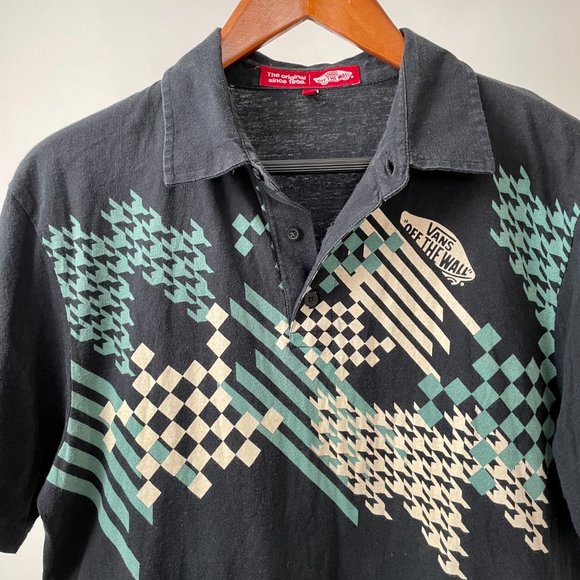 Men's Vintage Vans Old Skool Checkerboard Polo Shirt, Black Blue Cream, Size M - Picture 3 of 6